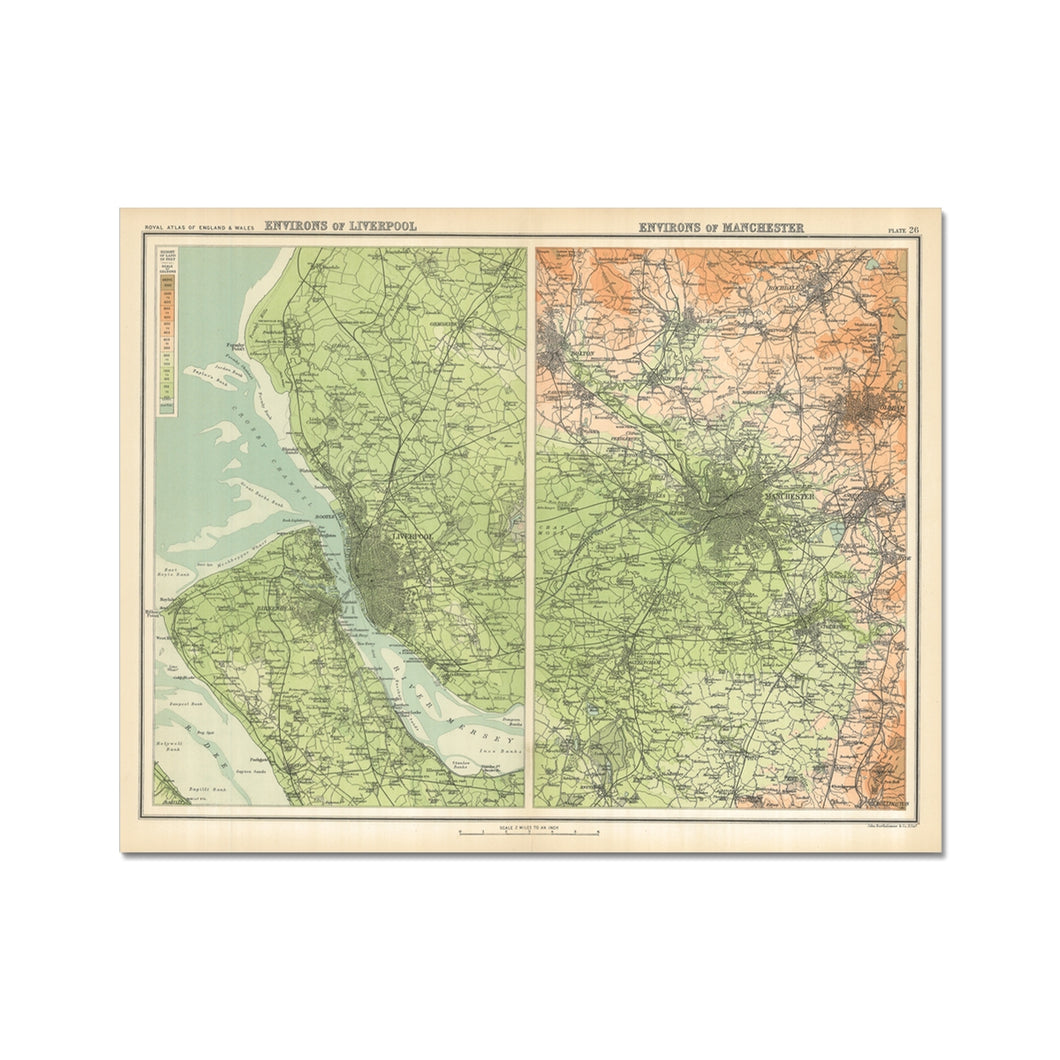 Environs of Liverpool & Manchester, 1898 - old map of Liverpool print